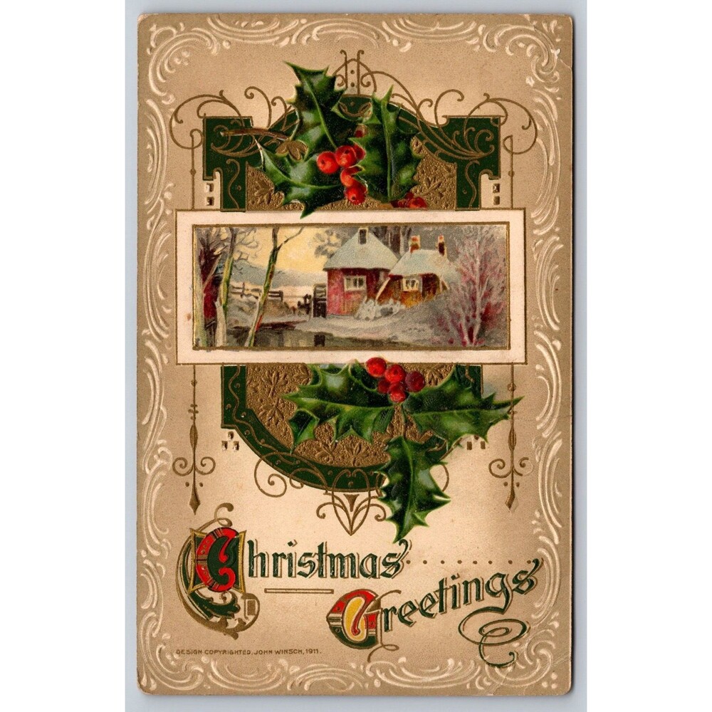 1914 Christmas Postcard John Winsch 1911 Design Embossed Holly Winter Houses
